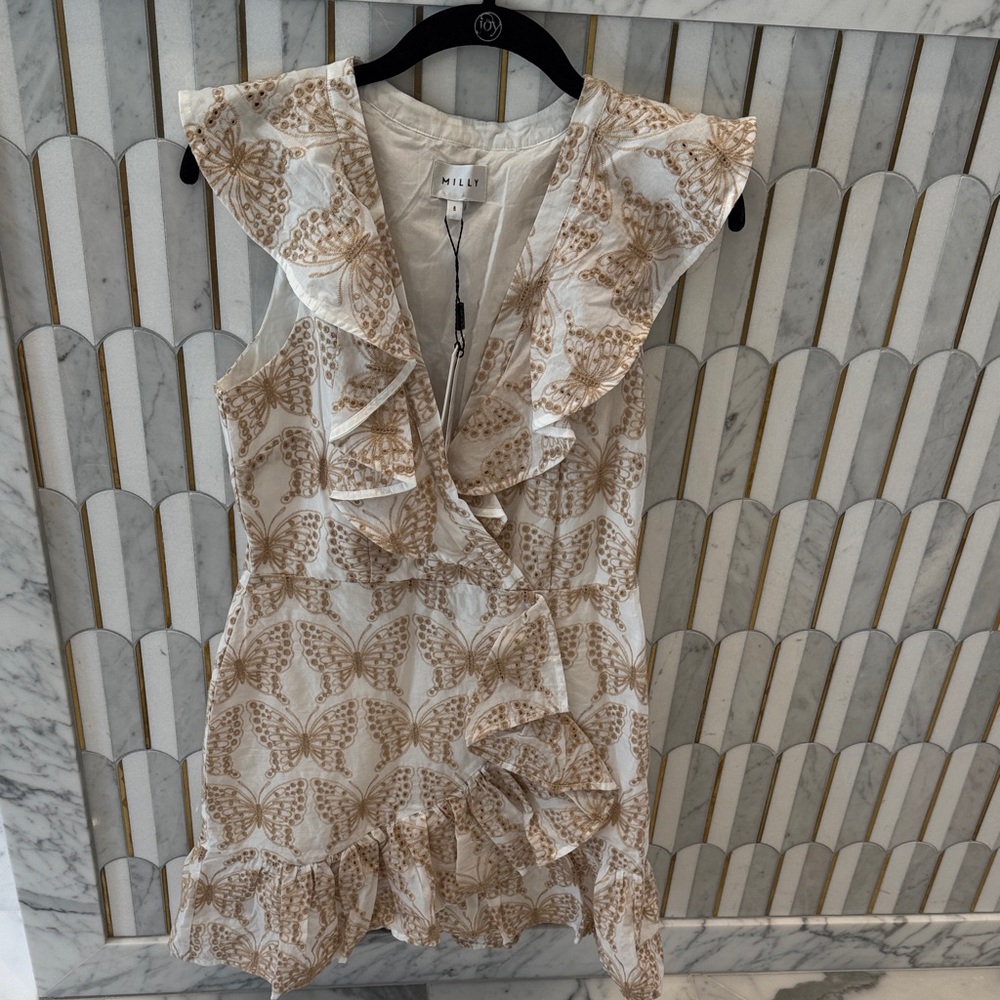 Milly Beige and White Ruffled Dress